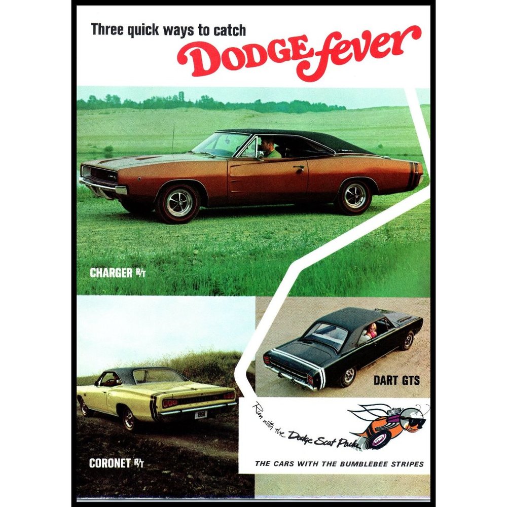 1968 Dodge Fever Charger Coronet R/T Dart GTS Vintage Print Ad Mac Cave Wall Art
